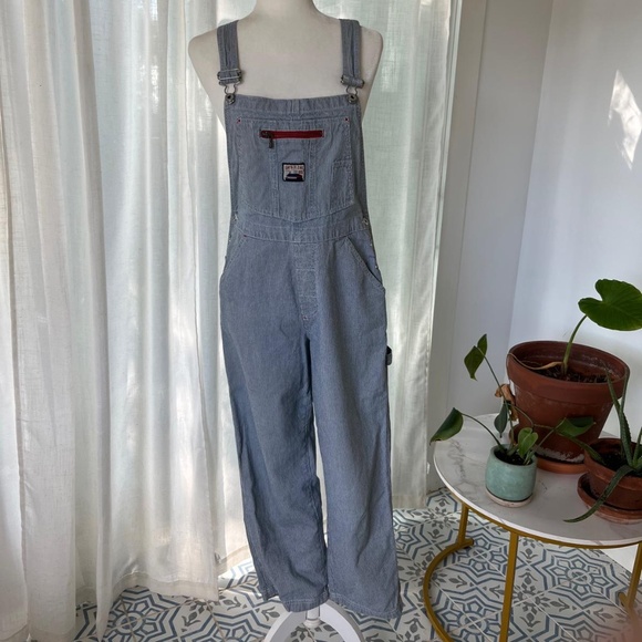 GAP VINTAGE DENIM OVERALLS WOMEN’S MEDIUM (6) RAILWAY STRIPES BLUE  100% COTTON - Picture 1 of 8